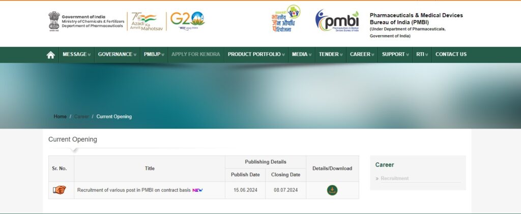फार्मास्यूटिकल्स एंड मेडिकल डिवाइस ब्यूरो ऑफ इंडिया (PMBI) में नए पदों पर भर्ती 2024
