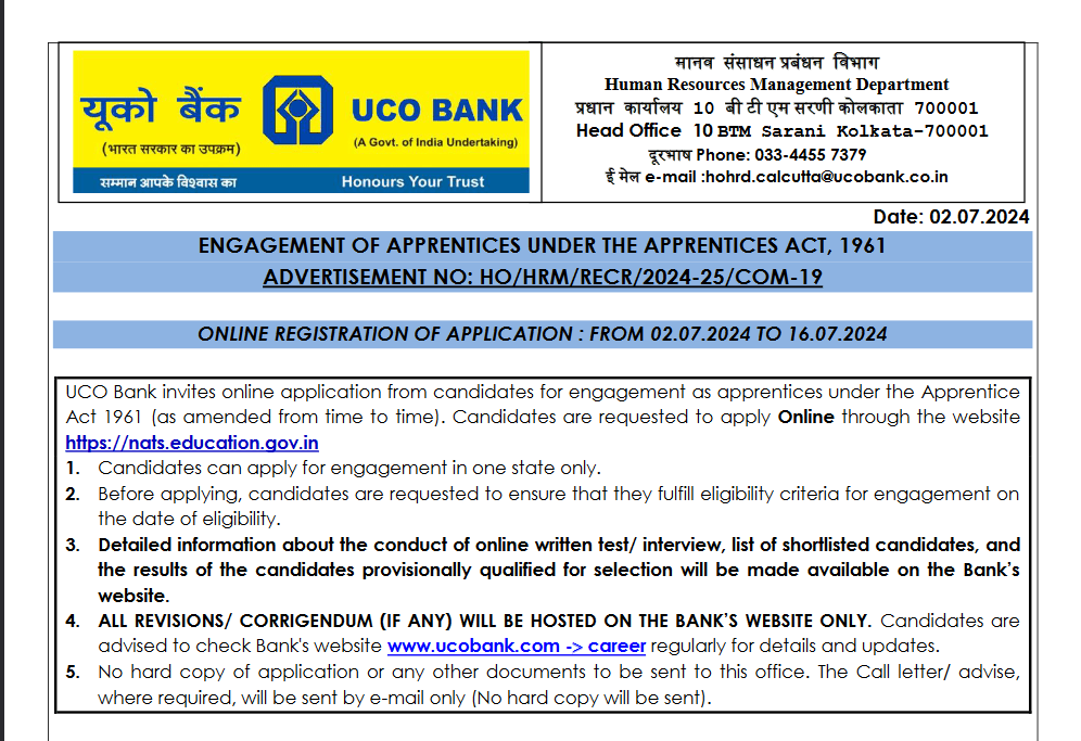 UCO bank apprentice recruitment 2024