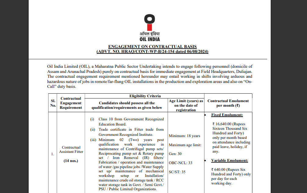 Oil India Limited (OIL) Recruitment Notification