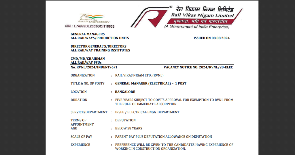 Rail Vikas Nigam Ltd. (RVNL) – Apply Now for General Manager (Electrical) Position!
