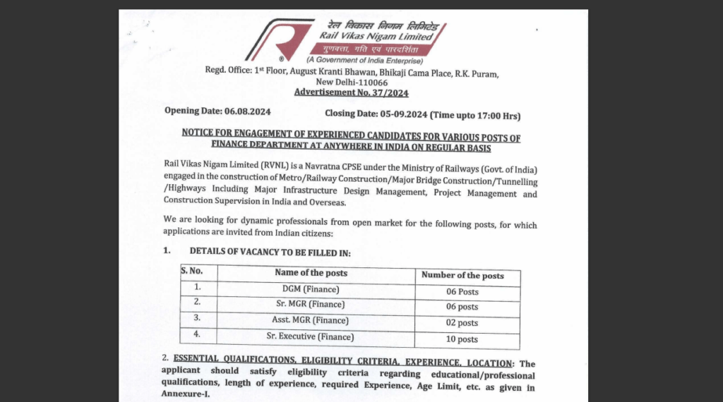 RVNL Recruitment 2024: Apply for Finance Positions
