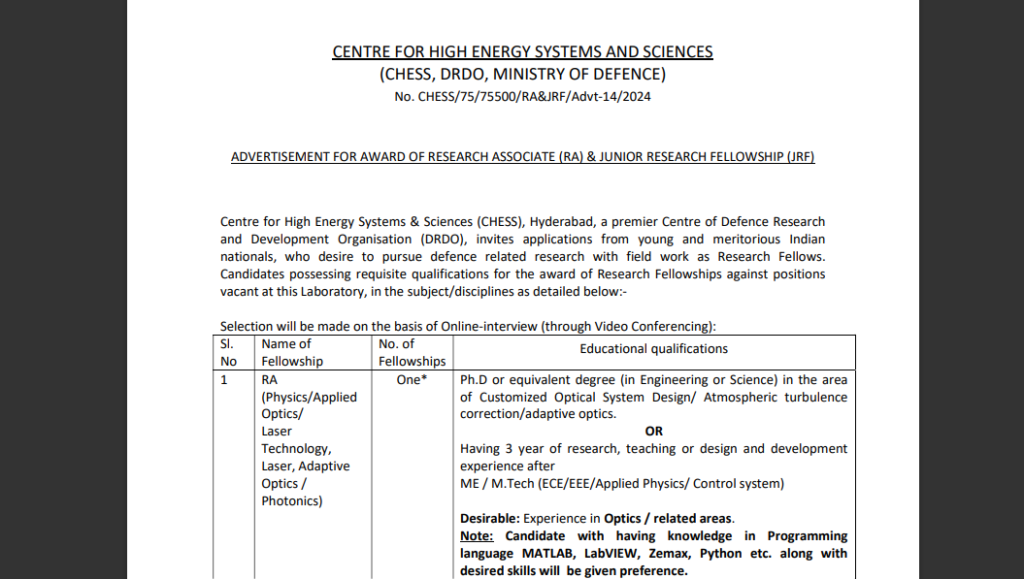 DRDO CHESS Recruitment 2024: Apply Now for RA and JRF Positions