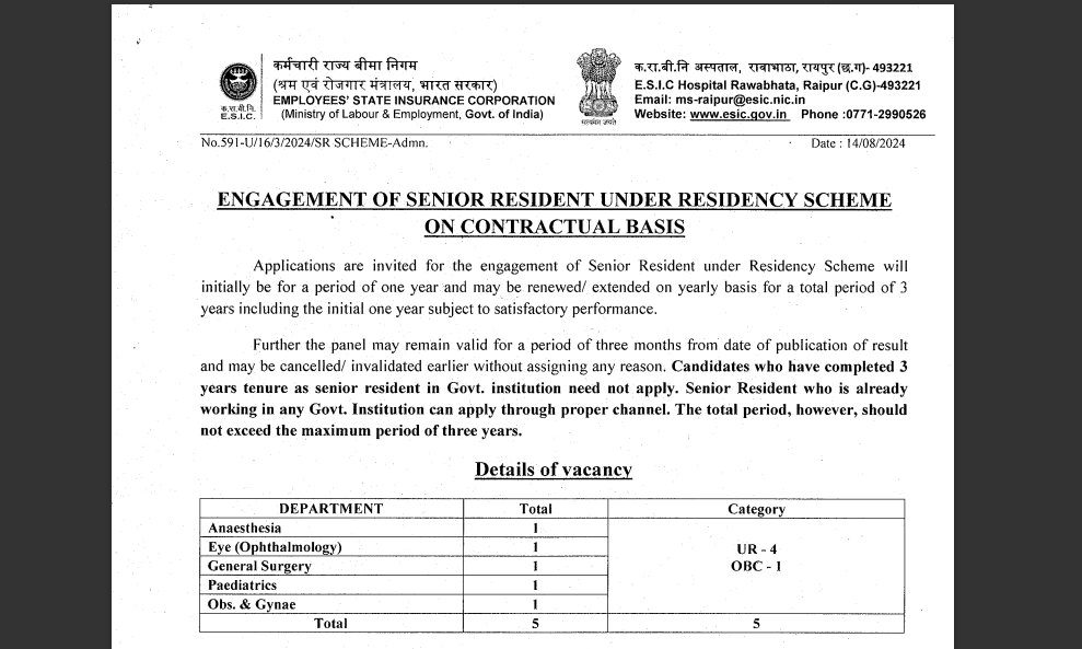 ESIC Raipur Walk-in-Interview for Specialists (Contract Basis) – August 2024