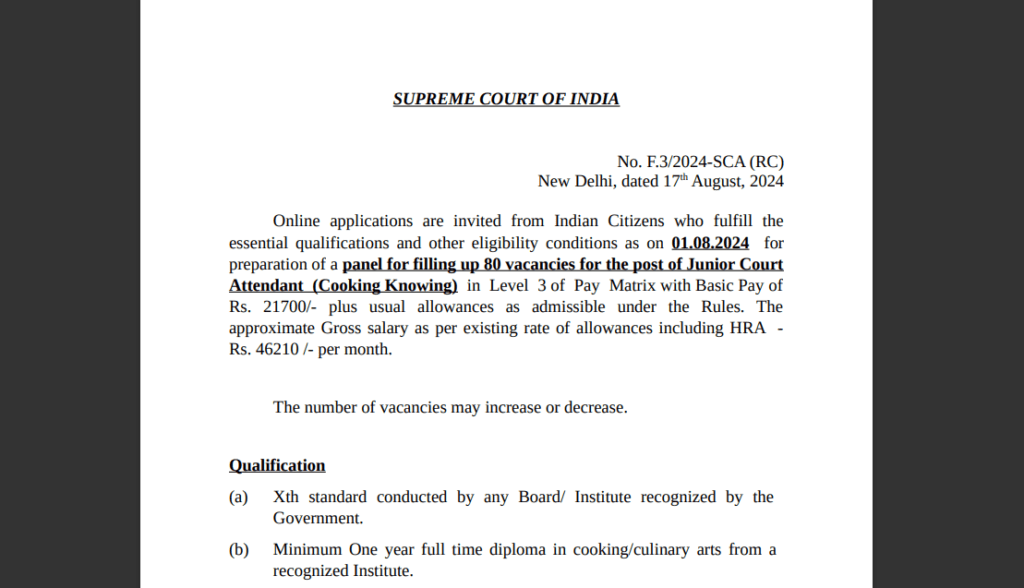 Supreme Court Junior Court Attendant Recruitment 2024: Important Information