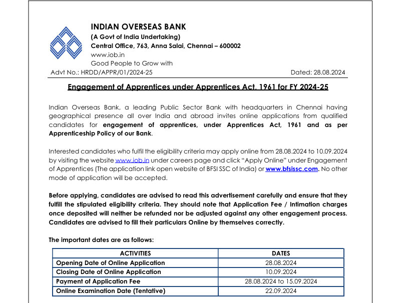 Indian Overseas Bank Apprenticeship Recruitment 2024-for 550 post