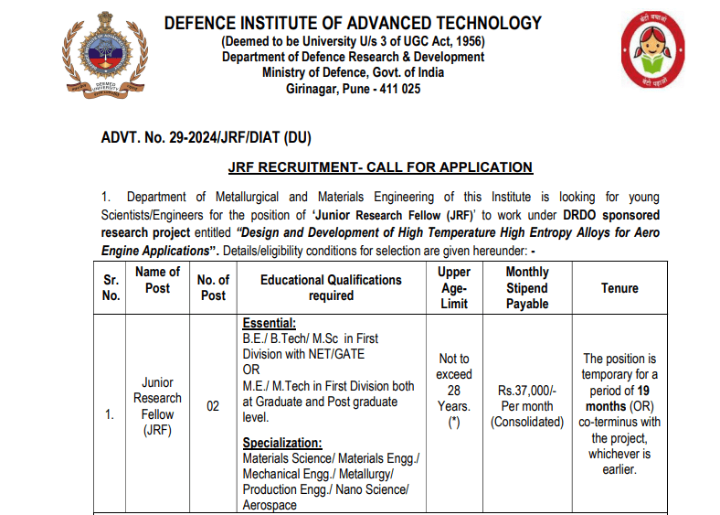 DRDO junior research fellow(jrf) recruitment