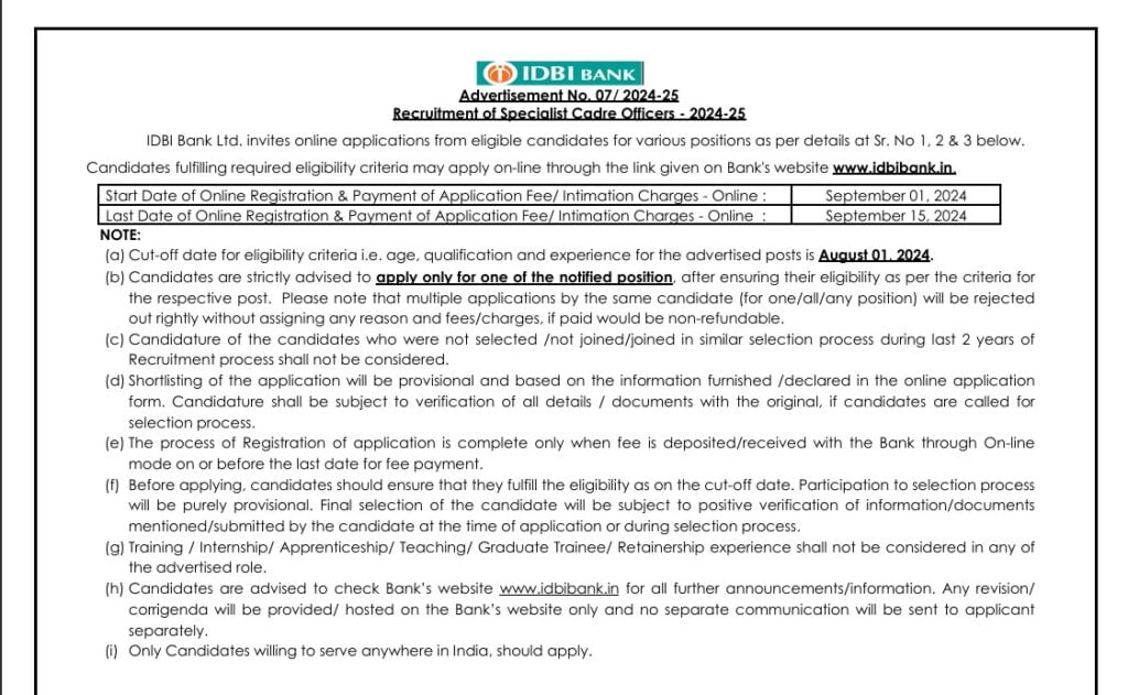 IDBI Bank Specialist Officers Recruitment 2024