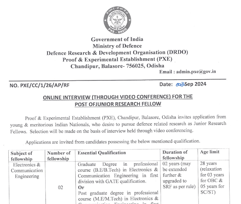 DRDO Recruitment 2024: Junior Research Fellow (JRF) Positions at PXE, Chandipur