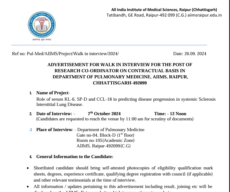 Walk-in Interview for Research Coordinator at AIIMS Raipur 2024 - Apply Now for Contractual Position