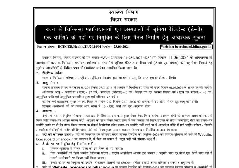 Bihar Health Department Junior Resident Recruitment 2024: Online Application for 700 Posts - Full Details