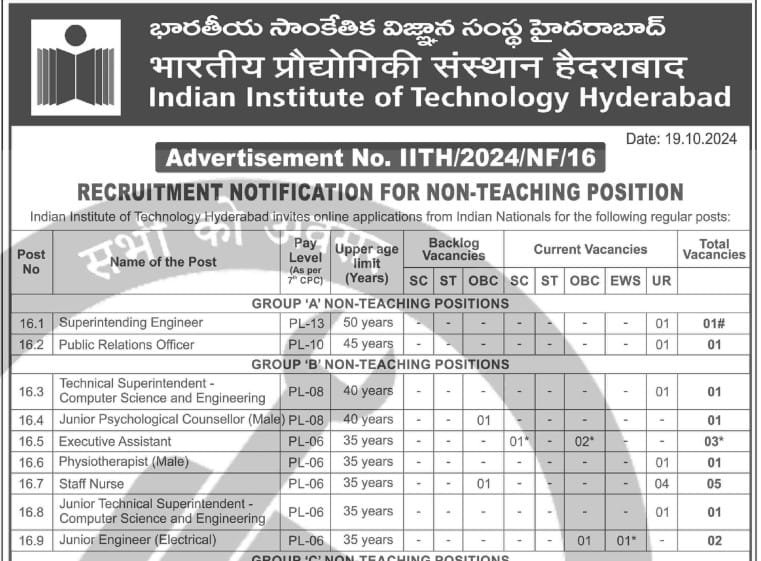 IIT Hyderabad non-teaching recruitment 2024 apply online