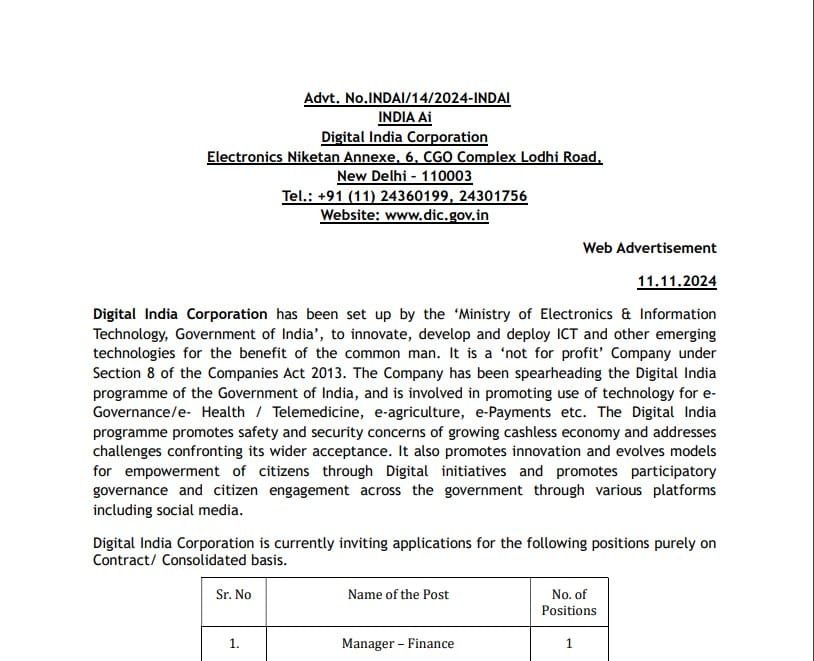 Digital India Corporation Manager Finance recruitment 2024